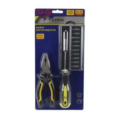 Набір інструментів 14од. Блістер Плоскогубці+Викрутка з бітами Сталь 99730